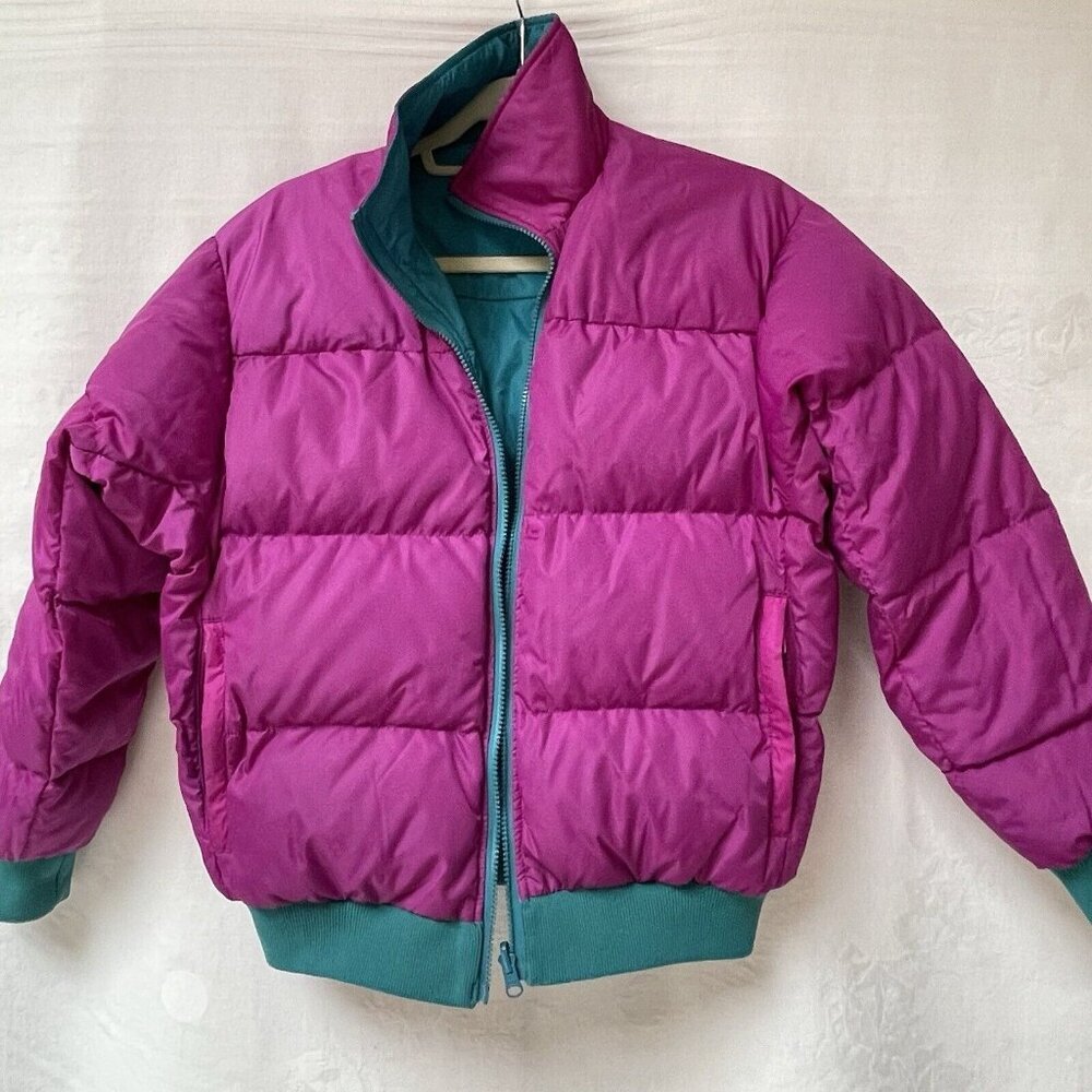 Vintage Columbia Pink Blue Reversible Jacket Down Puffer Womens Medium Bomber